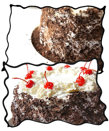Decorating black forest cake with grated chocolate and Maraschino cherries