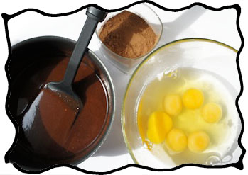 Melted dark chocolate, cocoa and eggs