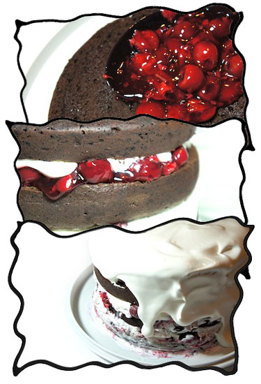 Assembling black forest cake: cherry filling and whipped cream